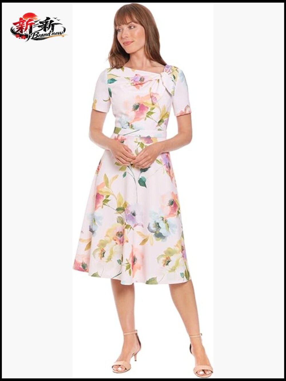 A-line Midi Dress Short Sleeve Fitted Waist Bow Detail Floral